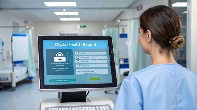 Pflegekraft betrachtet eine digitale Patientenakte am Klinikterminal